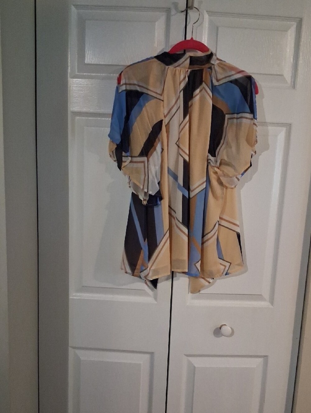Geo-Print Lined Sheer Flutter Sleeve Top - Beige Blue - Picture 2 of 2